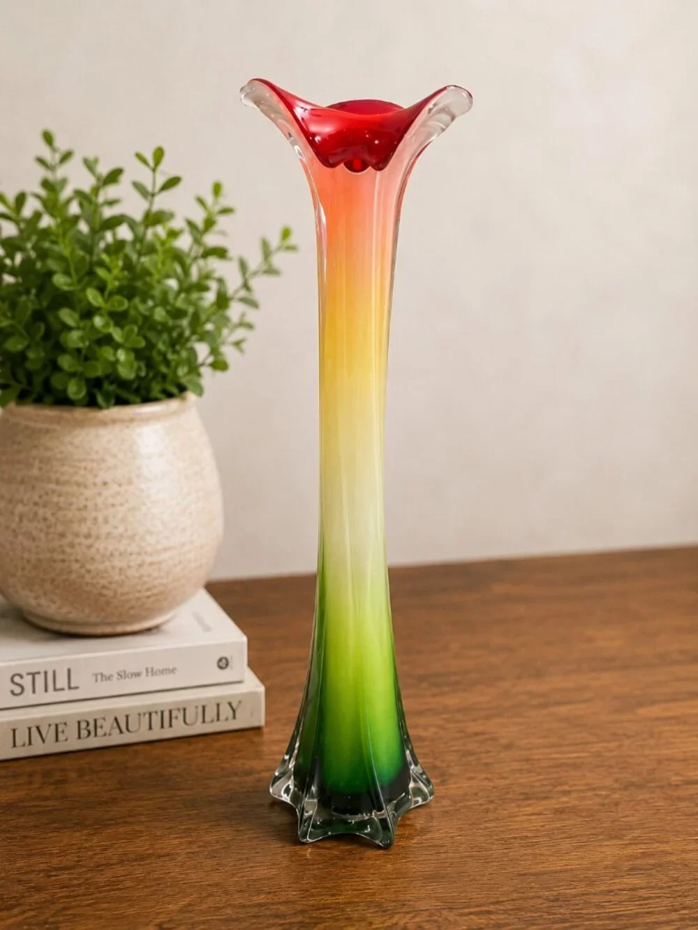 Vintage 1990s Postmodern Multicolor Ombre Calla Lily Art Glass Vase 15.5